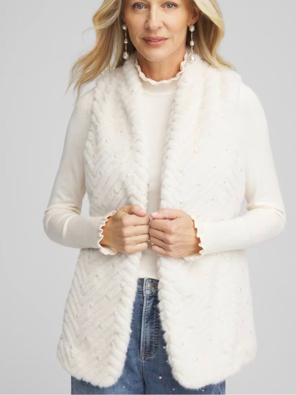 Chico’s Pearl-Embellished Faux Fur Open Vest - Cream. Size 1 - Medium.
